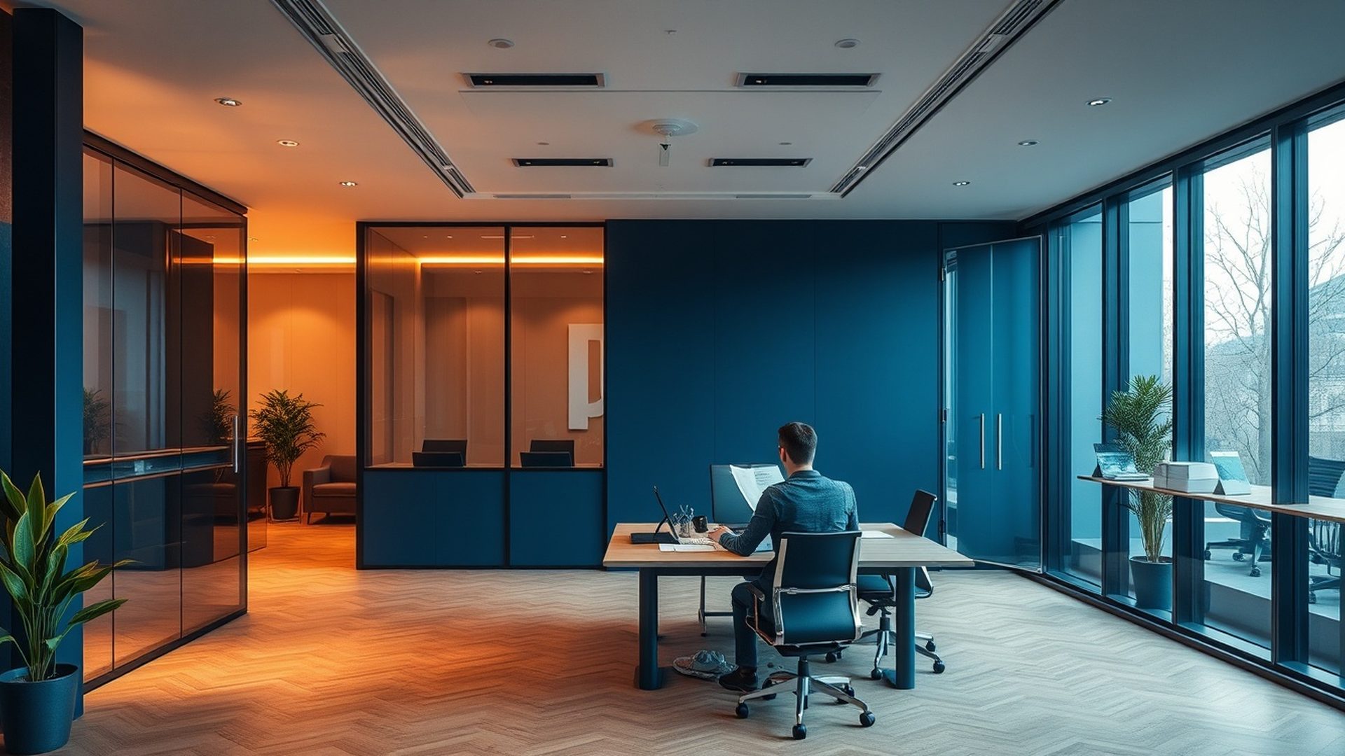 Interior de birou modern în tonuri indigo, cu un profesionist analizând documente