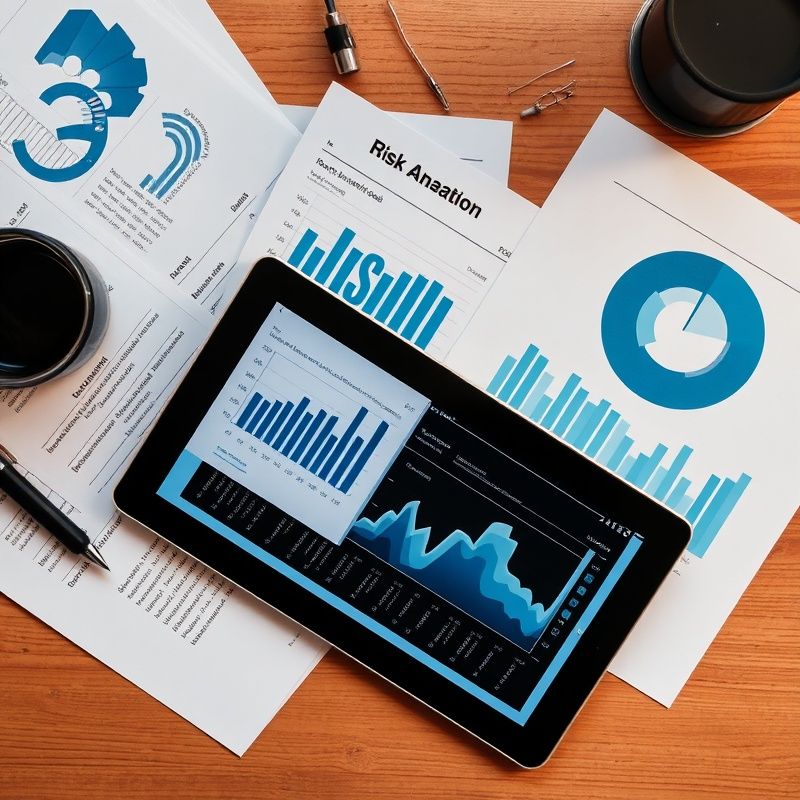 Documente de analiză a riscului financiar și o tabletă digitală cu grafice, în tonuri indigo
